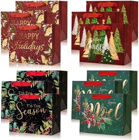 PAPER FAIR 12Pcs Red Green Metallic Gold Christmas Gift Bags Bulk, Medium 9×7 In, Gilded Xmas Tree Noel Gift Wrap Bags, Mistletoe Foiled Paper Favor Bag Gift Packaging for Thanksgiving Holiday New Year Party