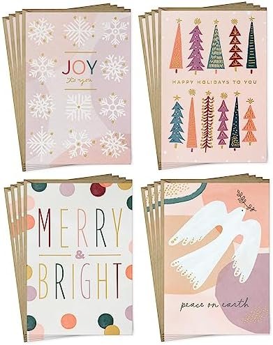 Hallmark Boho Boxed Christmas Card Assortment (16 Cards and Envelopes) Pastel Pink, Purple, Emerald Green, Dove