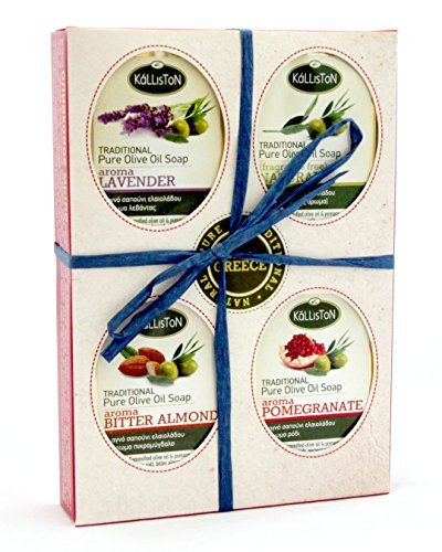 Kalliston, Olive Oil Soap Gift Set, Lavender, Bitter Almond, Pomegranate, & Natural Aromas, All Natural Soaps, Made in Ancient Crete, Greece, Pack of 4