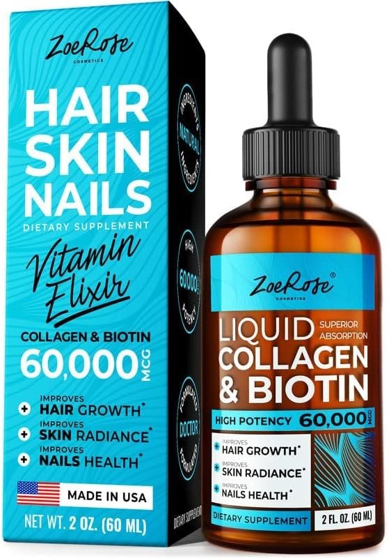 Liquid Biotin & Collagen, Hair Growth Vitamins Drops 60,000mcg, Biotin and Collagen Supplements for Healthy Joints, Hair, Skin and Nails, Liquid Collagen for Women & Men (2Fl Oz, 60ml)