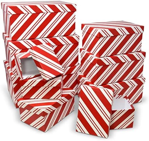 Christmas Nesting Gift Boxes Rectangle 10 Pack Red and White Candy Cane Design Christmas Stacked Gift Box with Lids in 10 Assorted Sizes for Gift Giving Holiday Decorative Gifts Present Wrapping