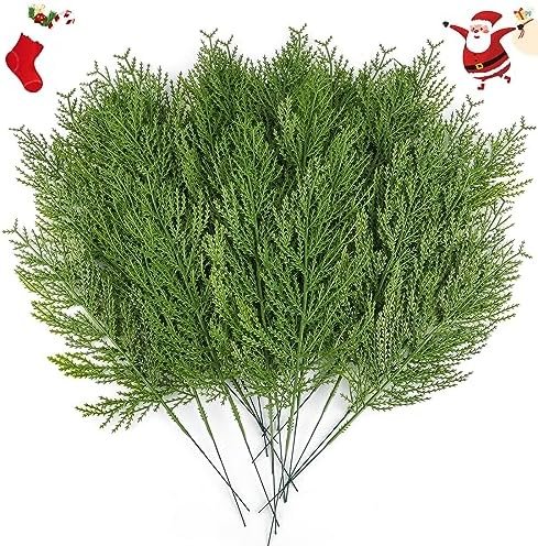 Hananona 40 Pcs Artificial Cedar Sprigs Faux Cedar Spray Branches Cedar Twig Cypress Stems Pine Picks Plastic Greenery Ceder Pine Stems Christmas DIY Accessories for Holiday (40, Green)