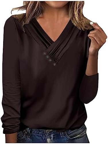 Cute Long Sleeve Tops for Women Fall Fashion 2023 Solid Casual v Neck Tunic Shirts Loose Comfy Basic Tshirt Blouse