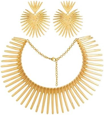 KunJoe African Jewelry Set for Women Gold African Collar Choker Necklace Earrings Set Canine Tooth Shape Necklace Statement Earrings Tribal African Costumes Jewelry Accessories