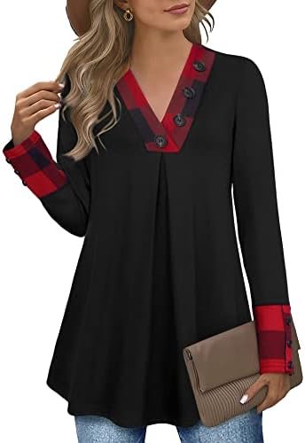 Messic Women’s Long Sleeve Button V Neck Flowy Pleated Shirts Casual Tunic Tops Blouse