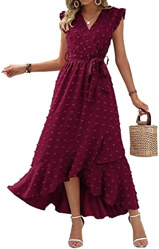 BTFBM Women’s 2023 Summer Wrap V Neck Dress Ruffle Sleeve Swiss Dot Boho Ruffle Slit Beach Party Flowy Long Maxi Dresses