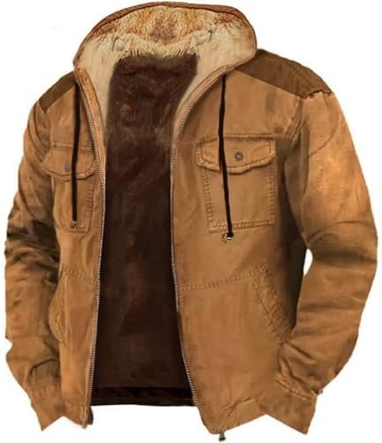 ZYXTIM Winter Jacket for Men Fashion Mens Sherpa Lined Hooded Varsity Jacket Washed Classic Casual Distressed Trucker Jacket