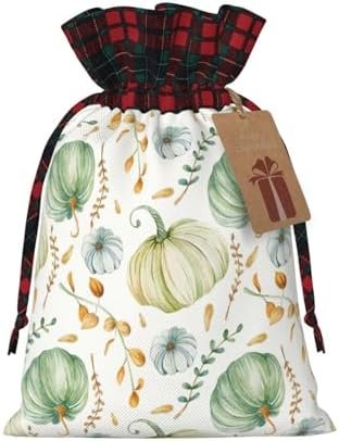 Green White Pumpkins Leaves- Holiday Gift Bags with Gift Tags Medium Christmas Gift Bags with Drawstring Party Favor Bags Reusable Jewelry & Candy Bags,Gift Pouches for Xmas Presents Party Favor