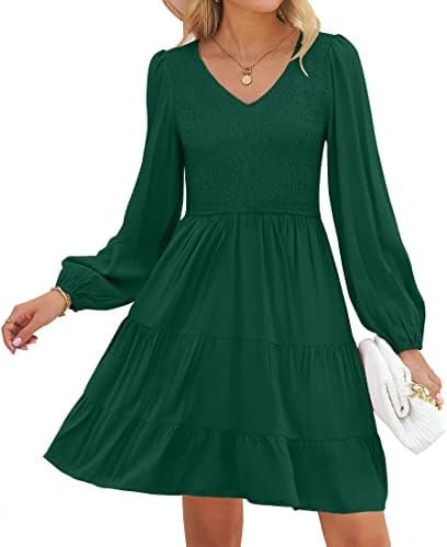 ZESICA Women’s Casual V Neck Long Sleeve Smocked High Waist Ruffle A Line Tiered Mini Dress