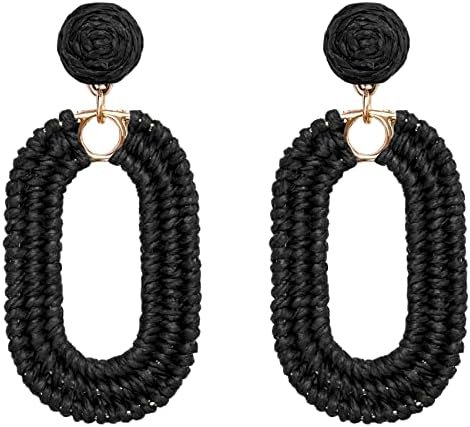 SELFWIMG Statement Raffia Earrings Boho Geometric Oval Drop Earrings for Summer Beach