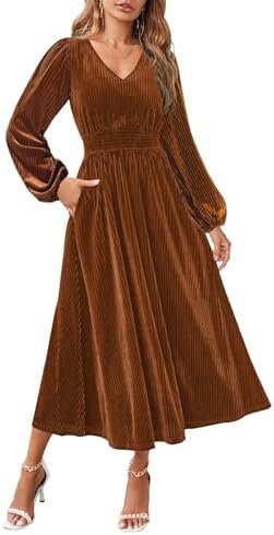 ZESICA Women’s Velvet Midi Dress Casual V Neck Long Sleeve Solid Color Elastic High Waist Flowy Evening Party Dresses