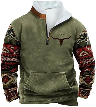 DOLKFU Hoodies for Men Long Sleeve Stand Collar Western Aztec Sweatshirts 1/4 Zipper Fleece Lined Pullover Tops