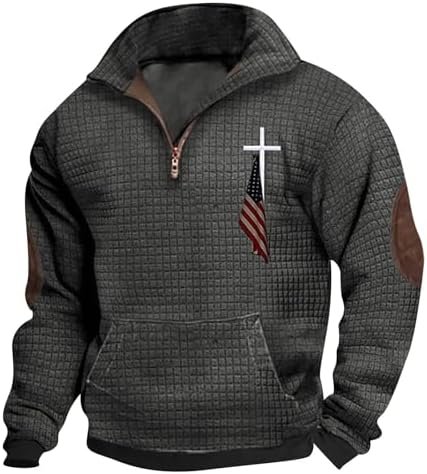 UNSERE Mens Quarter Zipper Pullover Fashion Stand-Up Simple Solid Cross & Flag Prined Sweatshirt Autumn Casual Baggy Tops