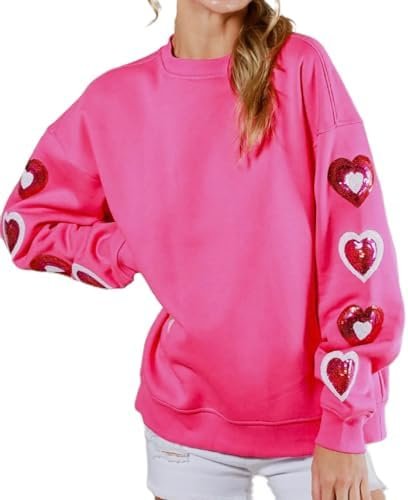 Faretumiya Women Heart Print Sequin Sweatshirt Romantic Love Graphic Shirt Valentine’s Day Long Sleeve Crewneck Pullover Tops