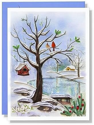 QUILLCRAFT Seasonal Greeting Card, Winter Holiday Love Card, Quilled Quilling Card for All Occasions, Watercolor Artful Greeting Card for Winter, Christmas, for Him Her Friend Mom Dad Boss (White)