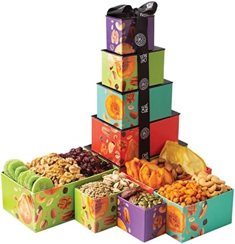 Dried Fruits & Nuts Tower with Black Ribbon Gift Basket, 5 Tier Gourmet Arrangement Platter, Healthy Kosher Snack Box for Birthday, Anniversary, Care Package for Men, Women, Adults – Oh! Nuts