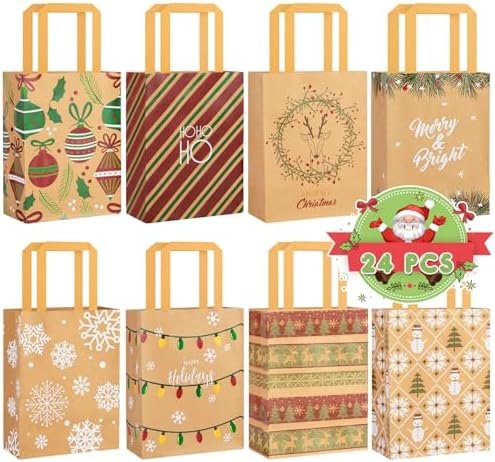 DECORLIFE 24PCS Christmas Gift Bags, 8 Designs Holiday Gift Bags Small Size with Handles, Assorted Kraft Goodie Bags Bulk for Xmas Presents Party Favors