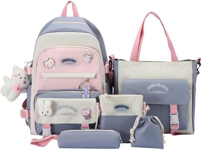 GGWIEAEA 5PCS Kawaii Backpack Set with Cute Pendant Waterproof College Style Suitable for Teenage Girls