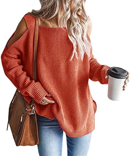 MaQiYa Women’s Cold Shoulder Oversized Sweaters Batwing Long Sleeve Square Neck Chunky Knit Fall Tunic Sweater Tops