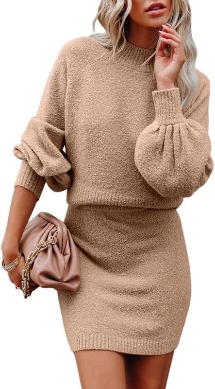 Dokotoo Women’s 2 Piece Outfits Sweater Set Puff Long Sleeve Knit Cropped Top and Bodycon Skirt Dress