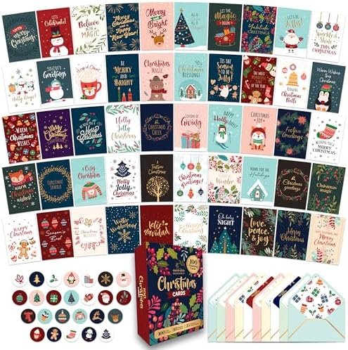 100 Unique Christmas Cards with Envelopes, Foiled & Glittery, Boxed in Bulk