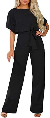 Happy Sailed Women Casual Loose Short Sleeve Belted Wide Leg Pant Romper Jumpsuits