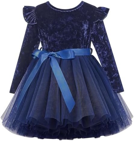 UNICOMIDEA 1-5T Toddlers Girls Velvet Dress Kids Ruffle Long Sleeves Dresses