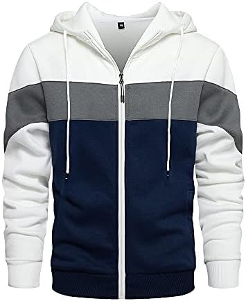 LBL Mens Slim Fit Long Sleeve Zip-up Fleece Hoodie Color Block Sweatshirt with Kanga Pocket