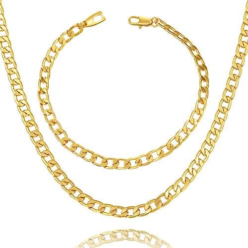 WELRDFG WADSNHY Men Chain Jewelry 5mm/6mm/7mm Wide Stainless Steel Snake chain 18K Gold Plated Figaro Chain Set (Bracelet 8.3 Inch, Necklace 18″ 22″ 26″ 28″)