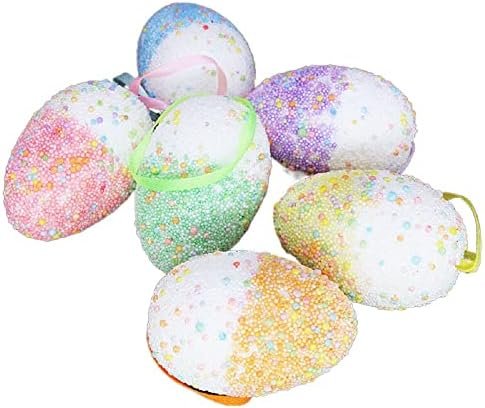 6pcs Easter Egg Hanging Ornaments Painted Easter Decoration Multicolor Foam Easter Decorations Easter Tree Ornaments with Ribbon Loop for Spring Holiday Party Tree Supplie