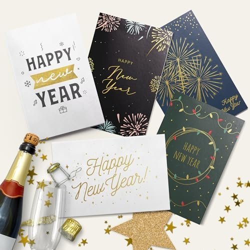 Dessie Boxed Happy New Year Cards – 30 Luxurious Large 5×7 inch Greeting Cards in Vibrant Colors with Gold Foil Accents, Short Greetings Inside. Includes 32 White Envelopes and Sturdy Storage Box