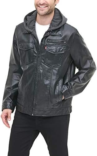 Levi’s Men’s Faux Leather Trucker Hoody with Sherpa Lining (Regular and Big and Tall Sizes), Black, Medium