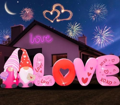 12FT Valentine Inflatables Outdoor Decorations-Love Valentines Day Inflatable Gnome Hold Rose Blow Up Yard Decorations with LED Lights Spring Outside Holiday Party Garden Lawn Decor