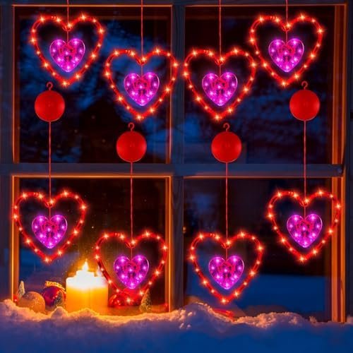 Glooglitter 8 Pcs Valentine’s Day Heart Window Lights Decorations Battery Operated Holiday Silhouette Lights with Suction Cup Hook for Wedding Engagement Party Valentine’s Outdoor Indoor Decor