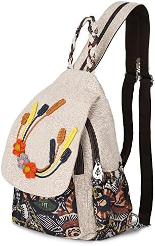 Lady’s Convertible Sling Bag, Hand Craft Artisan Purse, Beautiful Canvas Premium Casual Day Mini Backpack for Women (Triple Daisy)