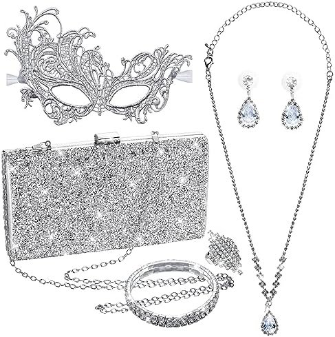 5 Pieces Masquerade Mask for Women Rhinestone Crystal Jewelry Set Glitter Clutch Purses Bag Lace Masks Evening Bling Necklace Earrings Bracelets Ring for Venetian Party Wedding Halloween Carnival